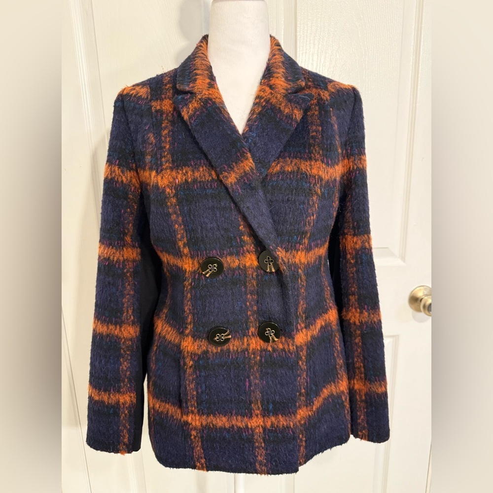 CAbi Blue and Orange Plaid Coat